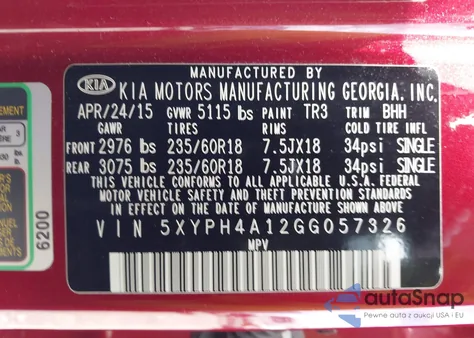 2016 Kia Sorento 2.0T Ex из США, поврежденный, VIN 5XYPH4A12GG057326